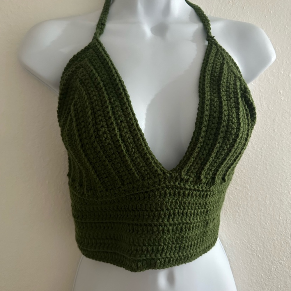 Green Halter Knit Crop Top